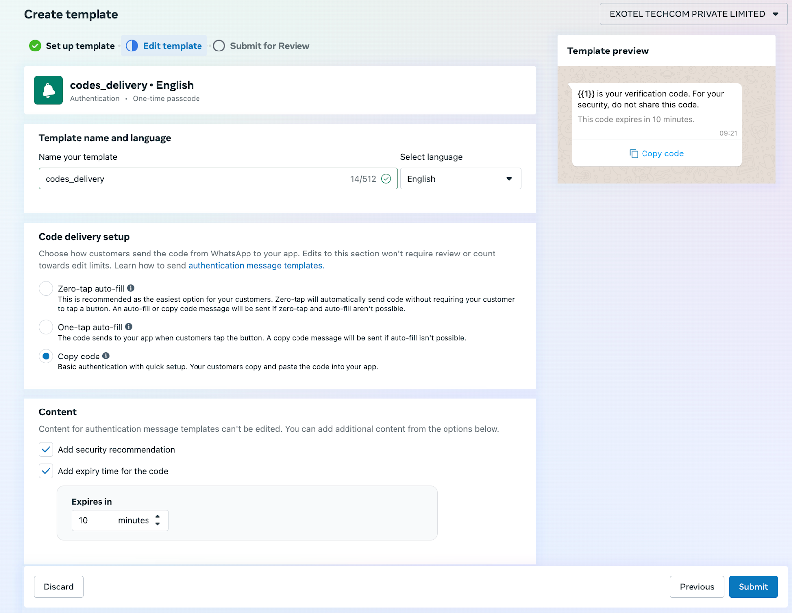 WhatsApp Authentication Templates