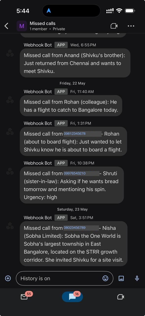 GChat Missed calls space showing structured bot notifications