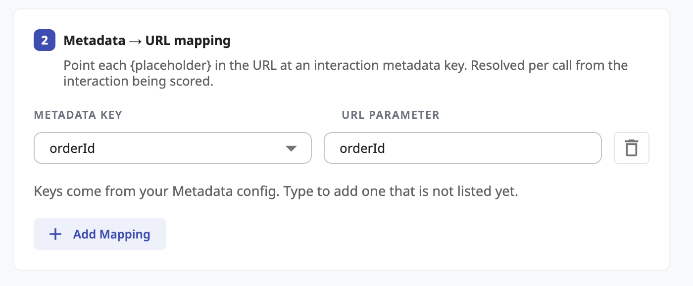 The Metadata to URL mapping section, mapping the metadata key orderId to the URL parameter orderId.