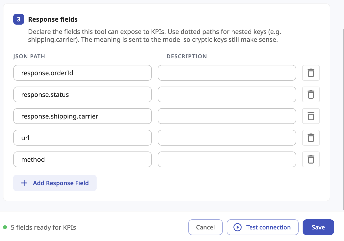 The Response fields section, listing JSON paths such as response.orderId, response.status and response.shipping.carrier, each with a description box, plus Test connection and Save buttons.