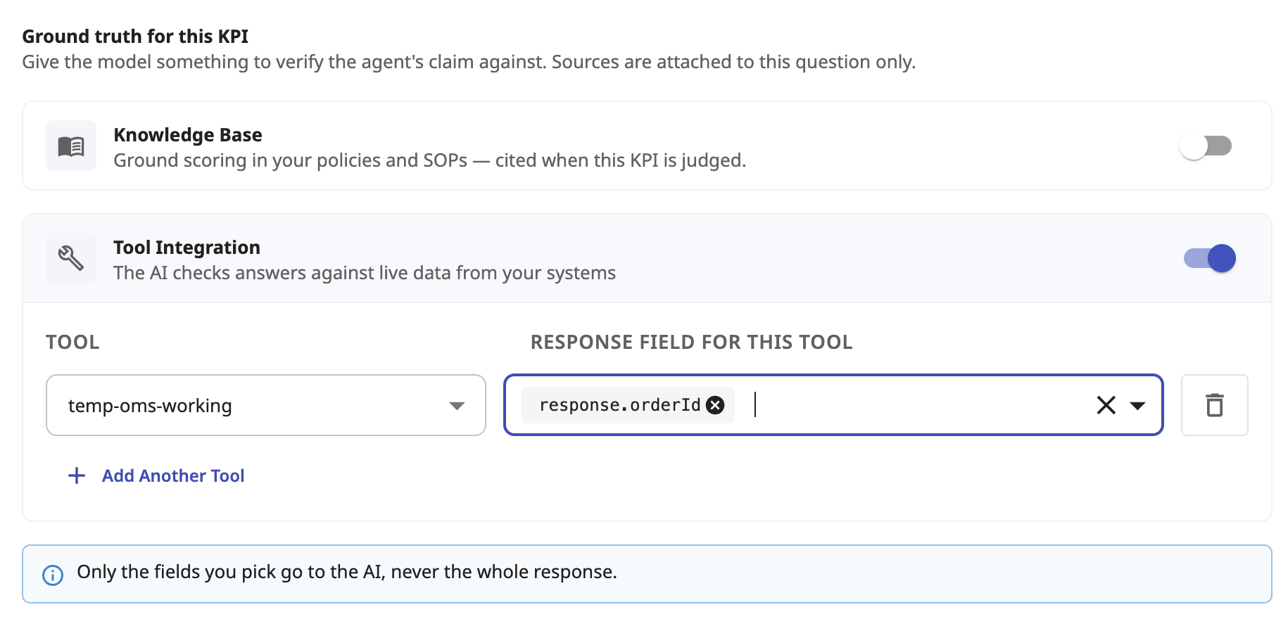 The Ground truth for this KPI section of the KPI editor, with Tool Integration switched on, a tool selected and one response field picked, and a note that only the chosen fields go to the AI.