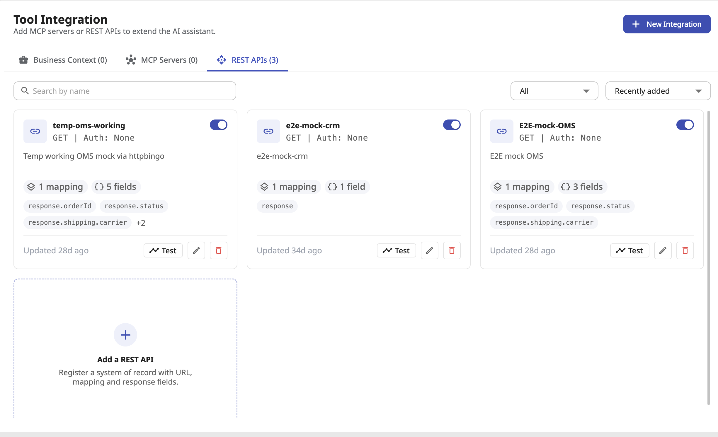 The Tool Integration page in CQA, on the REST APIs tab, showing three registered APIs as cards. Each card lists its method and auth type, the number of mappings and fields, the selected response fields, and Test, edit and delete buttons.